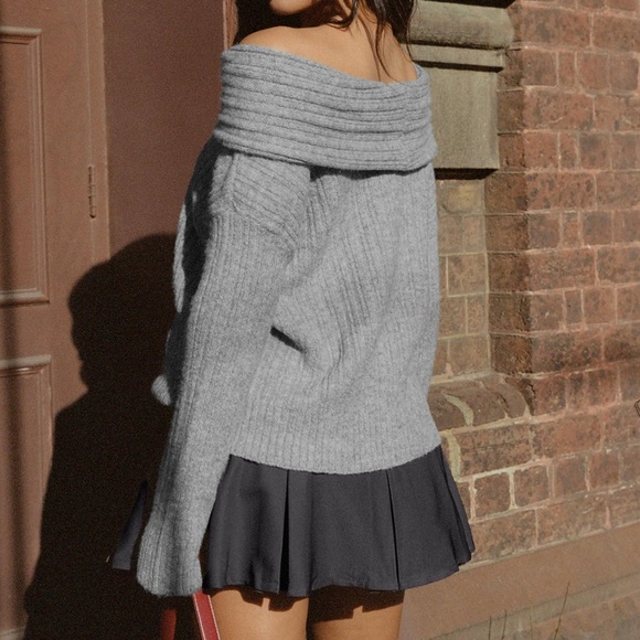 Princess Polly Off-Shoulder Gray Sweater - Picture 2 of 4